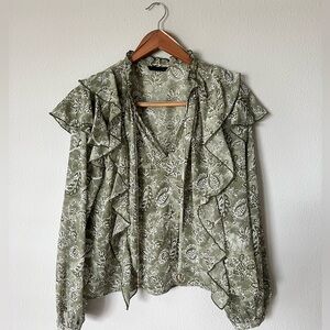 ZARA Ruffle Floral Blouse in Olive Green - Size L - NWOT